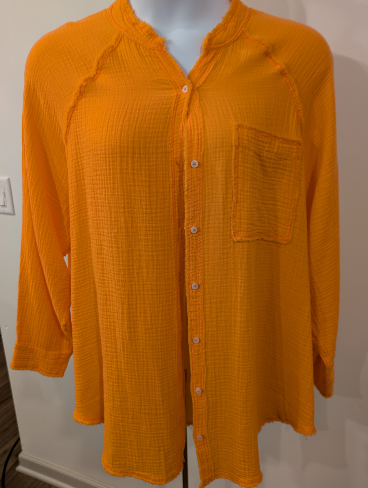 1058 - Aerie Orange Gauze Button Front Tunic Shirt Womens Size L Boho - Nwt